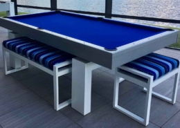 South Beach Outdoor pool table with hard top dining conversion in blue and white from R&R Outdoors All Weather Billiards