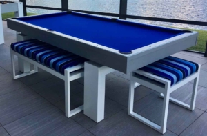 South Beach Outdoor pool table with hard top dining conversion in blue and white from R&R Outdoors All Weather Billiards