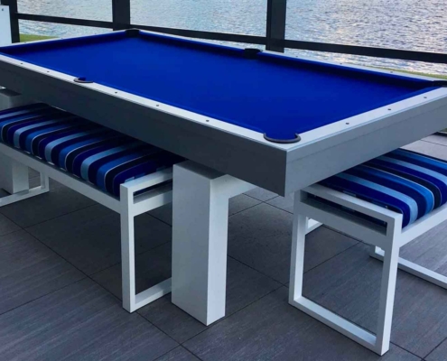 South Beach Outdoor pool table with hard top dining conversion in blue and white from R&R Outdoors All Weather Billiards